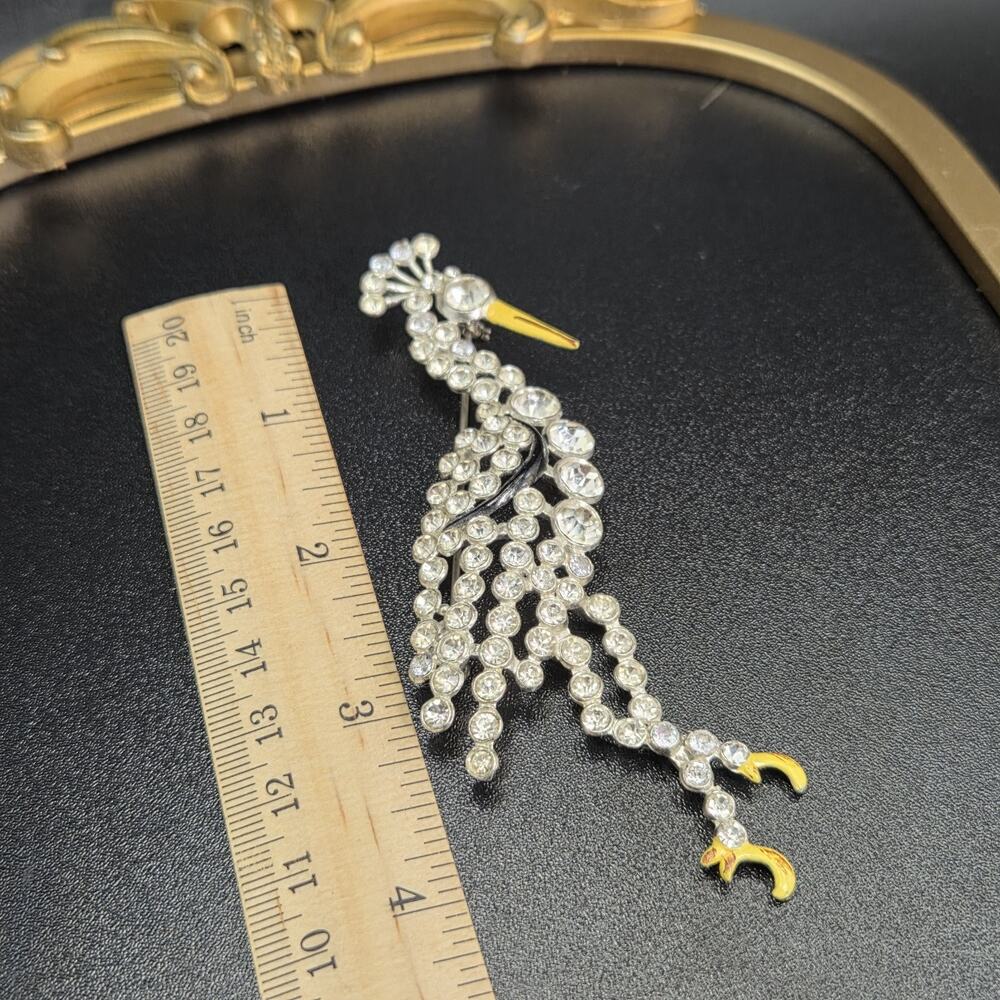 Antique Rhinestone Brooch Crane Bird with Rhinestones & Enamel 4.5” 1930s RARE - Picture 8 of 10